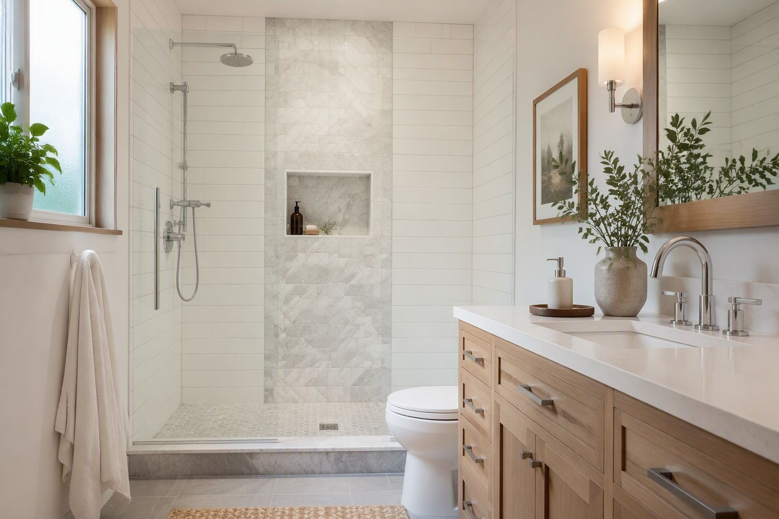 Remodeled bathroom with a custom tiled shower in a Kennewick WA home